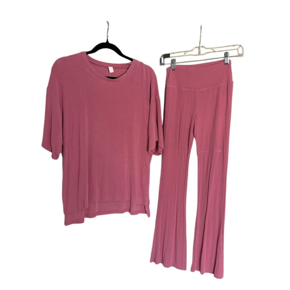 Foxy Kind Pink Ribbed Lounge Set Flare Leg Pants Oversized Shirt S - Picture 2 of 6
